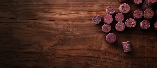 Grape shaped wine corks arranged on a wooden table suitable for a copy space image