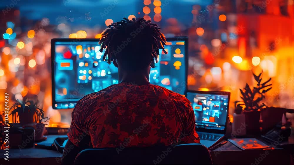 Poster a person working on a computer setup with multiple screens, overlooking a vibrant city at night