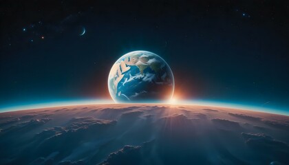 Eearth and sunnrise, View from the Moon. AI generated