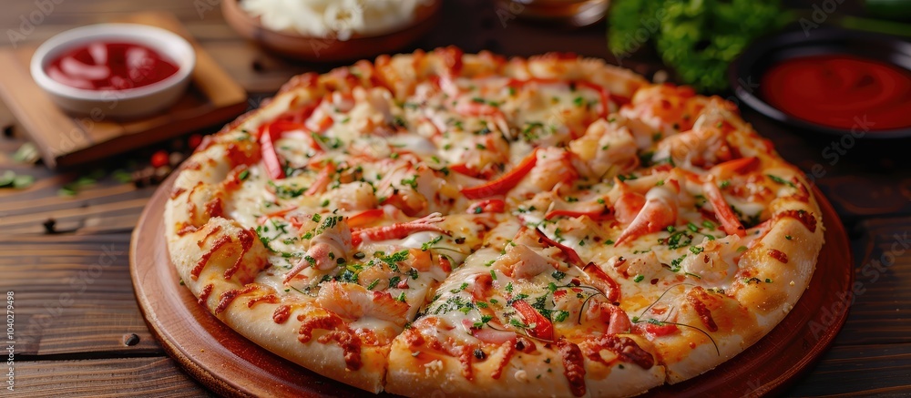Poster a pizza with crab sticks and cheese on a restaurant table garnished with pepper and ketchup is displ