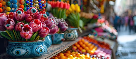 Ceramic tulip ornaments and evil eye beads displayed in a Mediterranean market setting with copy space image