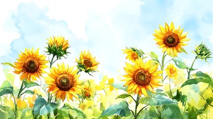 Vibrant Watercolor Sunflowers Blooming in a Field