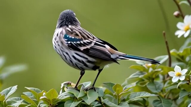 A small bird with black, white, and blue feathers perched on a branch with green leaves and white flowers in the background