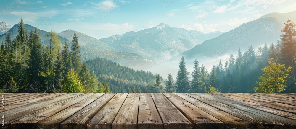 Poster wooden table offering copy space with a scenic mountain and forest background for displaying product