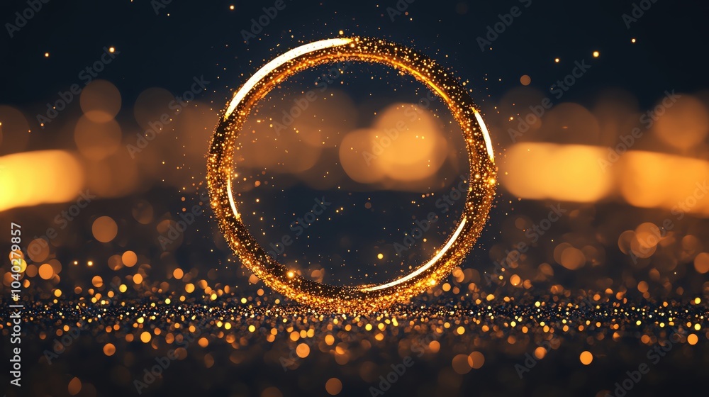 Poster golden sparkling ring on a dark background, creating a mesmerizing effect and showcasing light refle
