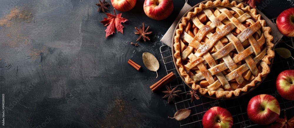 Poster traditional apple pie being prepared in autumn with baking essentials on a black concrete surface wi