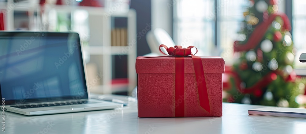 Poster a red gift box adds a festive touch to the office setting placed on a white desk with a laptop scree