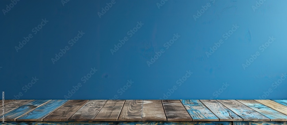 Poster a blue wall serves as the backdrop for displaying products and ads on an empty wooden table acting a