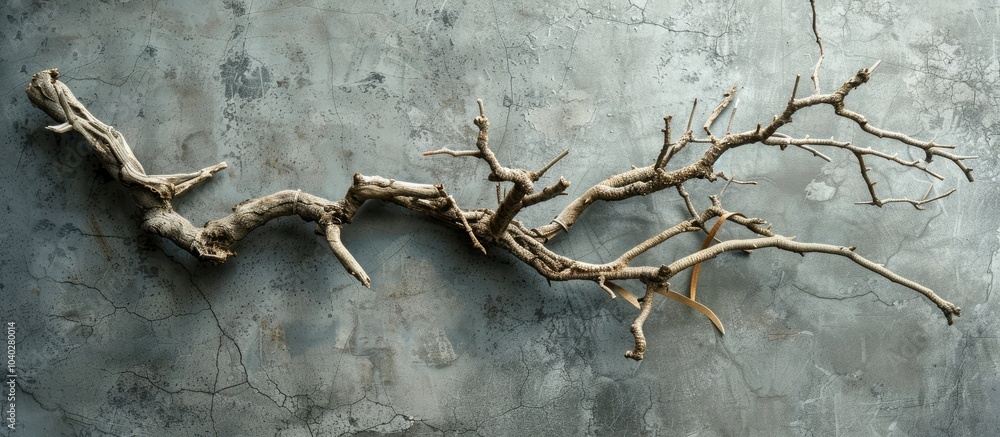 Poster dried branch with notebook on a gray backdrop showcasing a serene composition with ample copy space 