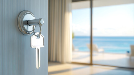 Open door with key to apartment or hotel room overlooking the sea. Panoramic sea view. luxury vacation, rent or buy overseas property on sea coast