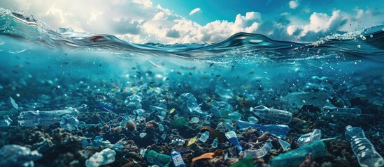 Obraz premium Underwater plastic waste pollution depicted against a blue sea background with a copy space image highlighting environmental pollution
