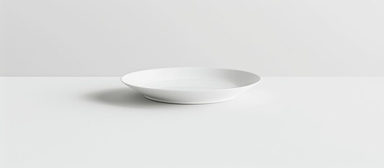 An empty white ceramic plate set against a clear white backdrop ideal for copy space image purposes