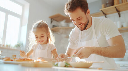 Fototapeta premium Father and daughter preparing food in modern kitchen