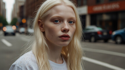Fototapeta premium Portrait of gorgeous albino young woman on the city street 
