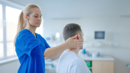 Fototapeta premium Therapist providing a neck and hand massage to a patient during a rehabilitation session in a hospital