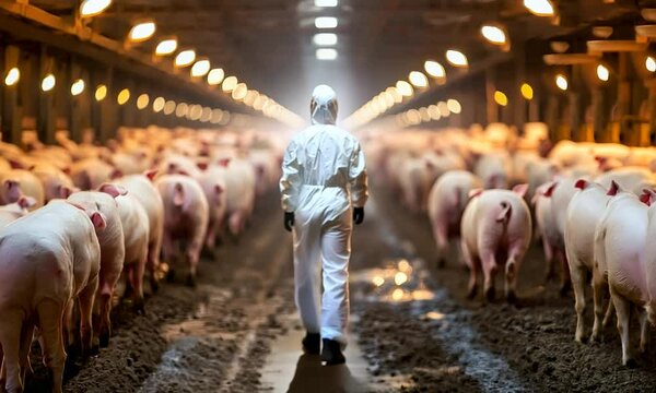 A person in a protective suit stands among pigs in a farm setting, showcasing agriculture and animal husbandry.