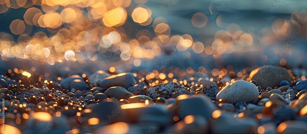 Poster seashore with pebbles washed by waves capturing a close up shot of pebble stones with blurred natura