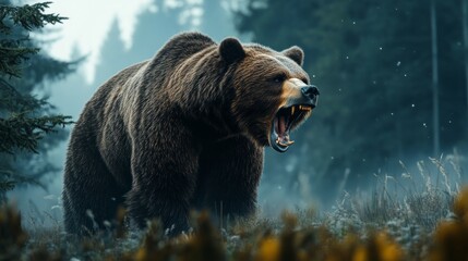A large brown bear is standing in a forest, with its mouth open and teeth bared