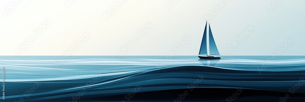 Poster the elegant sailboat navigates tranquil waters, surrounded by smooth, rolling waves under a peaceful