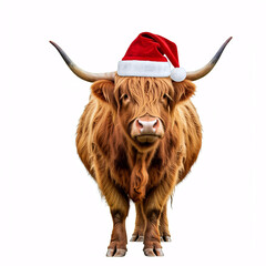 highland cow wearing santa hat against white background