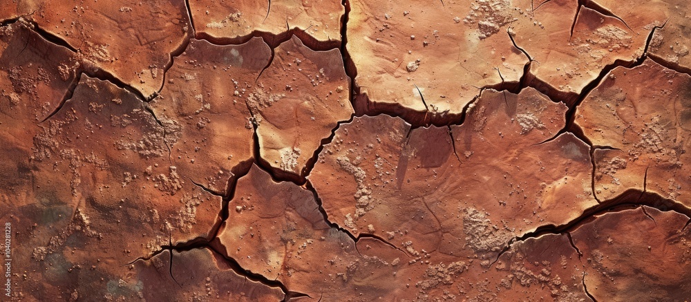 Poster top view of cracked red clay soil in a drought ideal as a copy space image