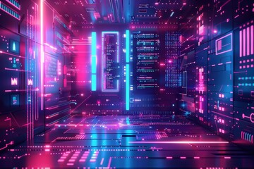 An abstract tunnel illuminated by neon lights, creating a sense of hyper speed flight and vibrant colors.