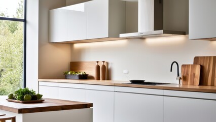 Fototapeta premium Sleek modern kitchen with white cabinets, wooden countertops, pendant lights, dining table, chairs, and green plants, creating a fresh and stylish atmosphere.