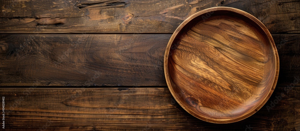 Poster view from above of an empty wooden plate on a wooden table with copy space image