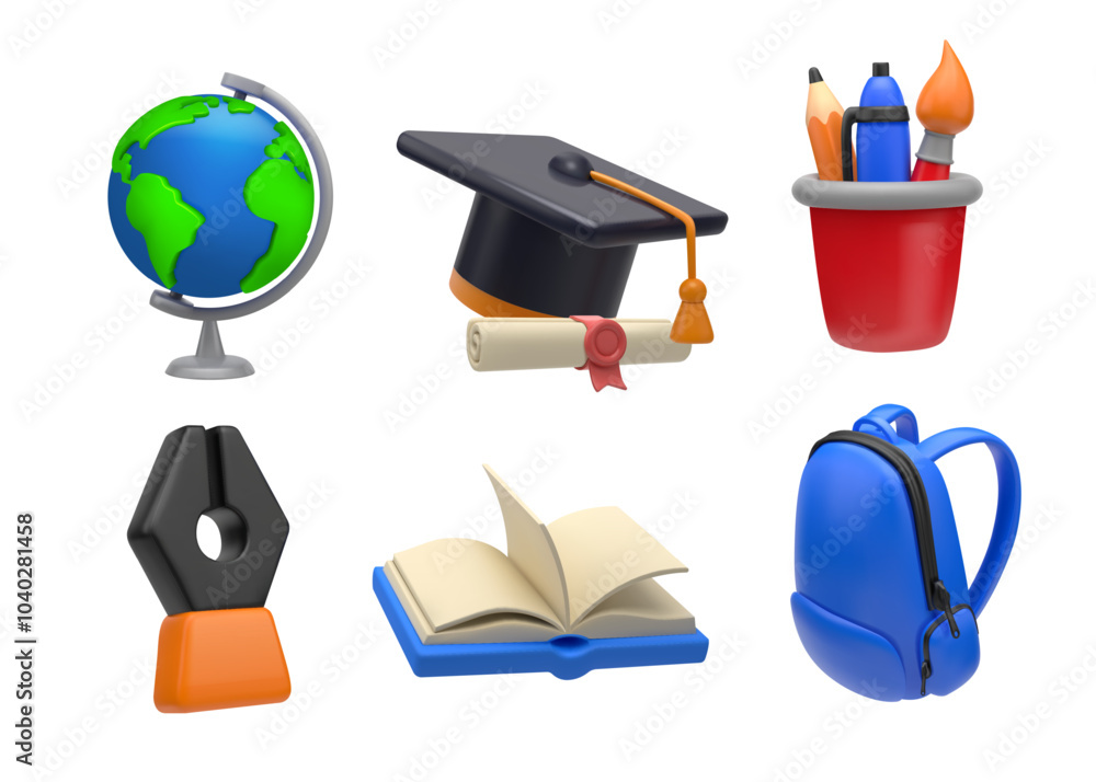 Poster school icons. 3d students book. studying notebook. render stationery. graduation hat. geography glob