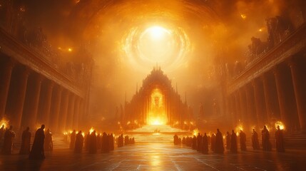 Divine courtroom of celestial council a massive glowing throne at the center spiritual beings gathered around light radiating from their forms a solemn sense of judgment in the atmosphere