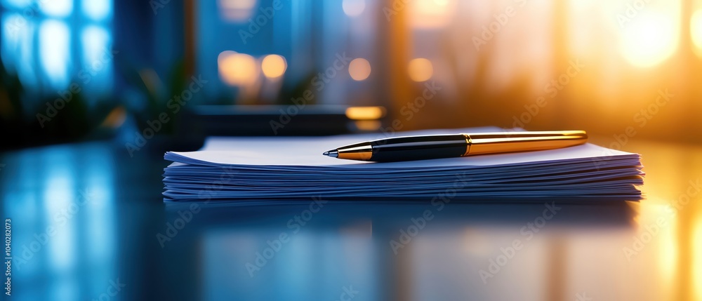 Poster pen resting on a stack of papers illuminated by soft ambient light.
