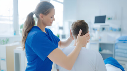 Obraz premium Therapist providing a neck and hand massage to a patient during a rehabilitation session in a hospital