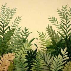 Fototapeta premium Lush green foliage featuring various plant leaves against a soft background.