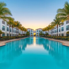 Serene poolside view at a modern resort during sunset.