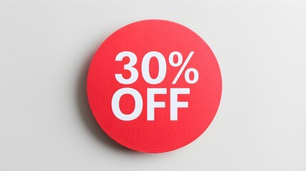White '30% OFF' Text on a Red Round Paper Note. White Background with Copy Space