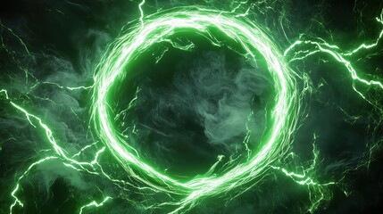 Obraz premium Abstract green lightning background with intricate circular shapes, symbolizing electric energy and futuristic technology. This high-resolution design features sharp focus, high contrast, and cinemati