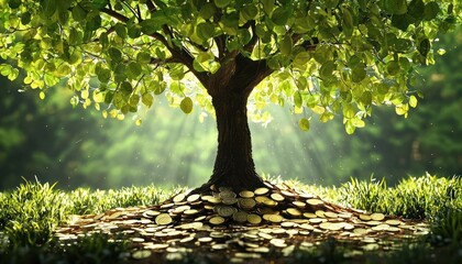 Fototapeta premium A lush tree with coin-shaped leaves near a thoughtful individual, symbolizing wealth creation and financial opportunity.