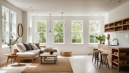 Fototapeta premium A bright, minimalist kitchen-dining space with wooden furniture, black faucet, plants, wicker pendant lights, and large windows overlooking greenery.