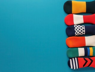 Creative composition of socks designed as different national flags, global unity, celebration of diversity