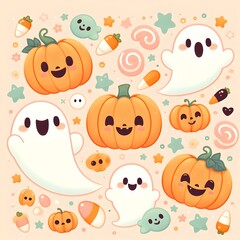 A kind Halloween greeting card in pastel colors	
