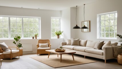 A bright, minimalist kitchen-dining space with wooden furniture, black faucet, plants, wicker pendant lights, and large windows overlooking greenery.