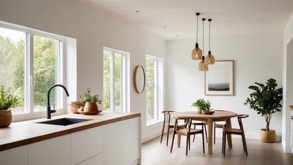 Fototapeta premium A bright, minimalist kitchen-dining space with wooden furniture, black faucet, plants, wicker pendant lights, and large windows overlooking greenery.