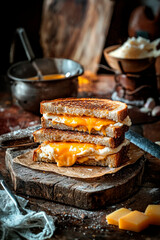 melted cheese grilled sandwich on rustic wooden background