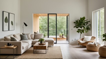 Fototapeta premium A bright, minimalist kitchen-dining space with wooden furniture, black faucet, plants, wicker pendant lights, and large windows overlooking greenery.