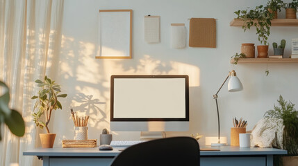A serene home office setup featuring modern desk with computer, surrounded by plants and decorative wall hangings. warm sunlight creates cozy atmosphere, perfect for productivity