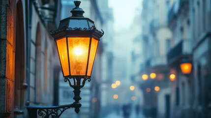 vintage streetlamp illuminates foggy alley, casting warm glow in cool evening air. soft light...