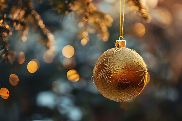 Golden yellow  christmas  ornamental balls on tree
