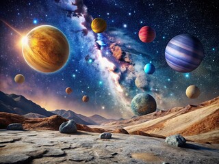 Fototapeta premium Stunning Minimalist Space Landscape with Rocky Planets and Satellites in a Planetary System View