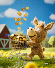 Happy Donkey Pushing a Shopping Cart Full of Gold Coins, Symbolizing Wealth