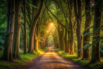 Naklejka premium Stunning Minimalist Vertical Video Portrait of a Lush Green Forest Pathway with Majestic Trees